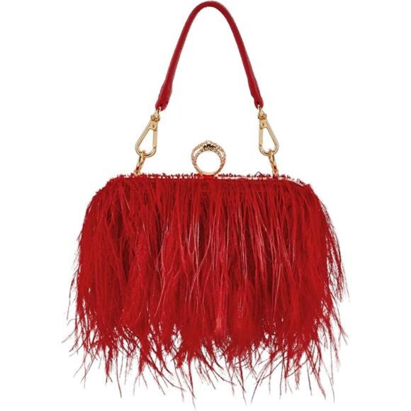 Women Ostrich Feather Tote Bag Fluffy Red